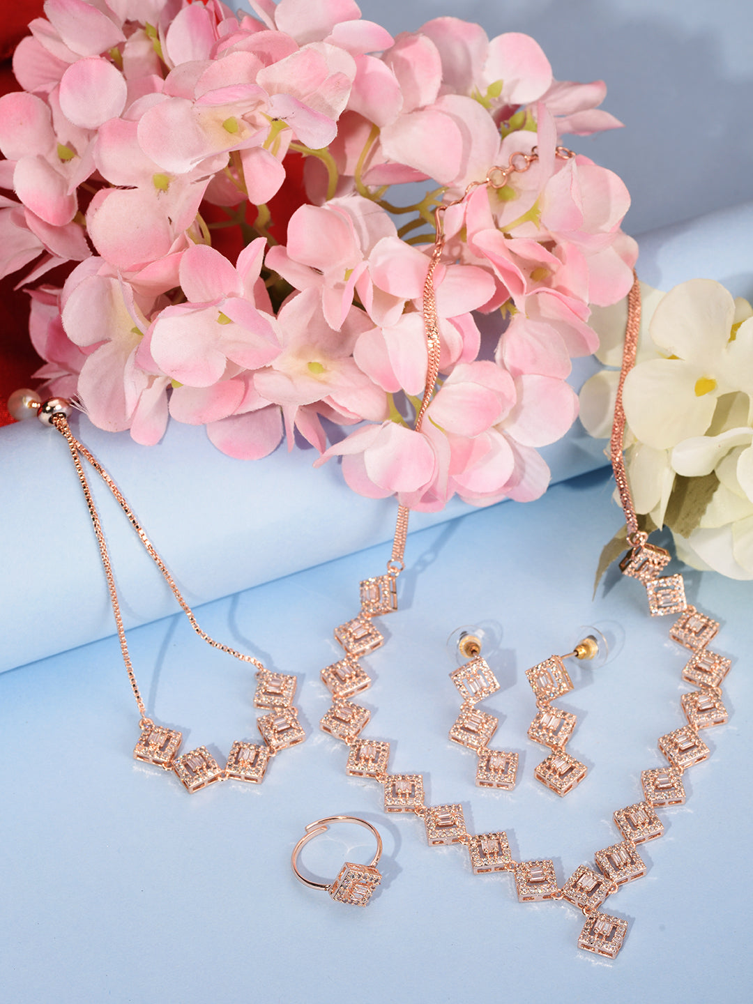 Rose Gold Plated AD Studded Square Shaped Jewellery Set Combo Ring & Bracelet, zaveri pearls, sale price rs, sale price, sale gold plated, sale gold, sale, rubans, ring, regular price, priyas