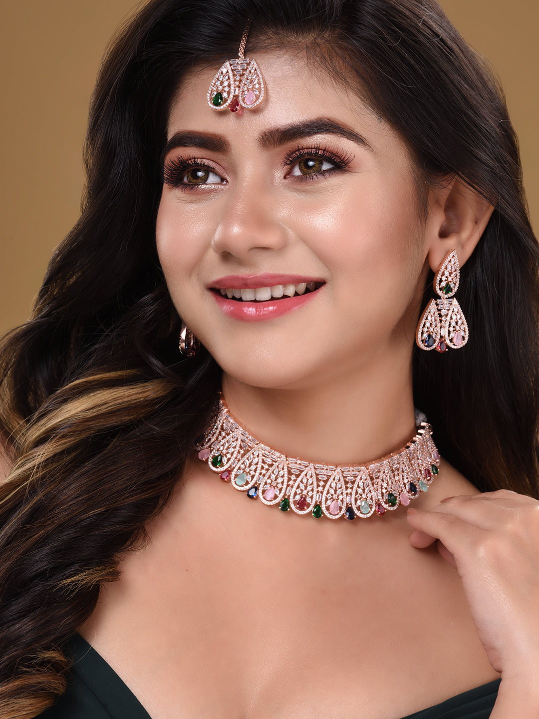 Rose Gold Plated Nav Ratna AD Studded Choker Jewellery Set, zaveri pearls, sale price rs, sale price, sale gold plated, sale gold, sale, rubans, ring, regular price, priyassi jewellery, kusha