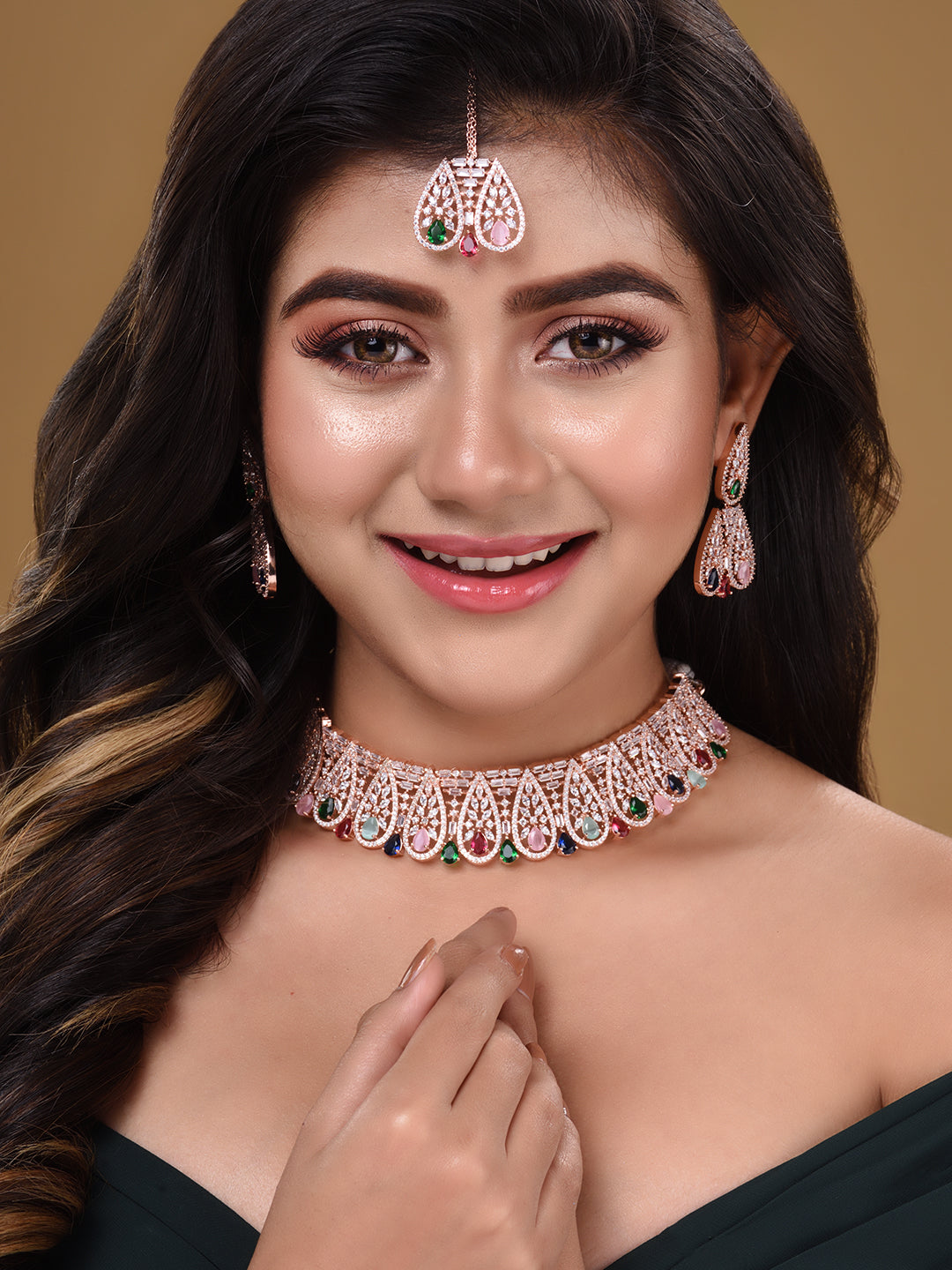 Rose Gold Plated Nav Ratna AD Studded Choker Jewellery Set, zaveri pearls, sale price rs, sale price, sale gold plated, sale gold, sale, rubans, ring, regular price, priyassi jewellery, kusha