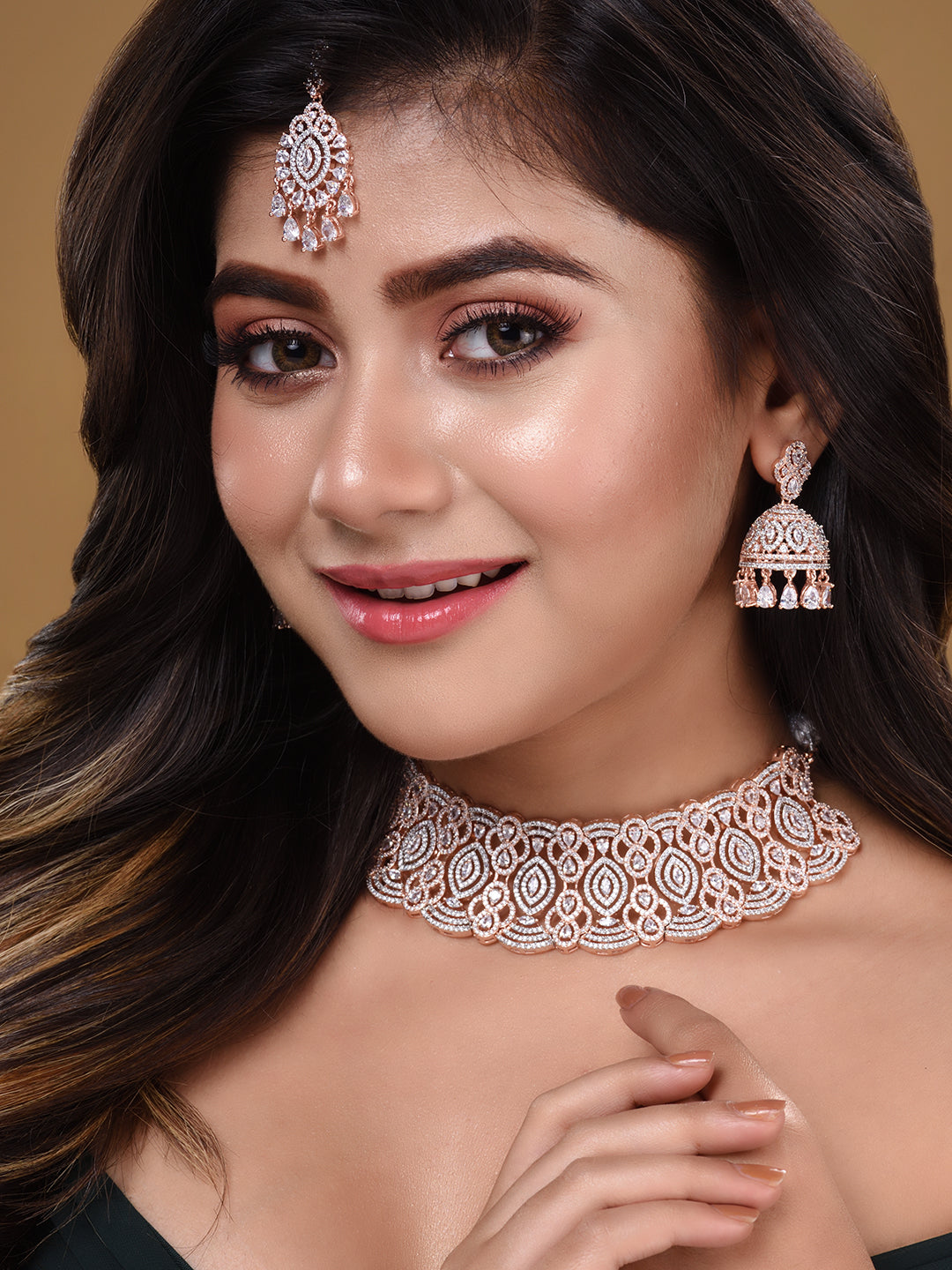 Rose Gold Plated White AD Studded Heavy Choker Jewellery Set, zaveri pearls, sale price rs, sale price, sale gold plated, sale gold, sale, rubans, ring, regular price, priyassi jewellery, kus