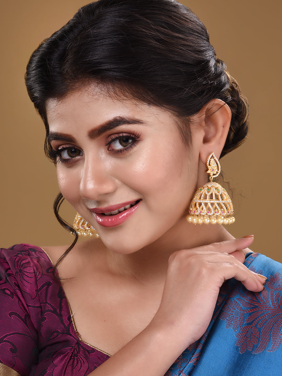 Gold Plated White AD studded handcrafted Dome shaped Jhumkas, zaveri pearls, sale price rs, sale price, sale gold plated, sale gold, sale, rubans, ring, regular price, priyassi jewellery, kus