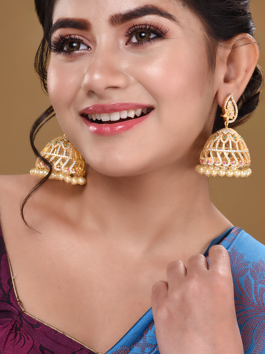 Gold Plated White AD studded handcrafted Dome shaped Jhumkas, zaveri pearls, sale price rs, sale price, sale gold plated, sale gold, sale, rubans, ring, regular price, priyassi jewellery, kus