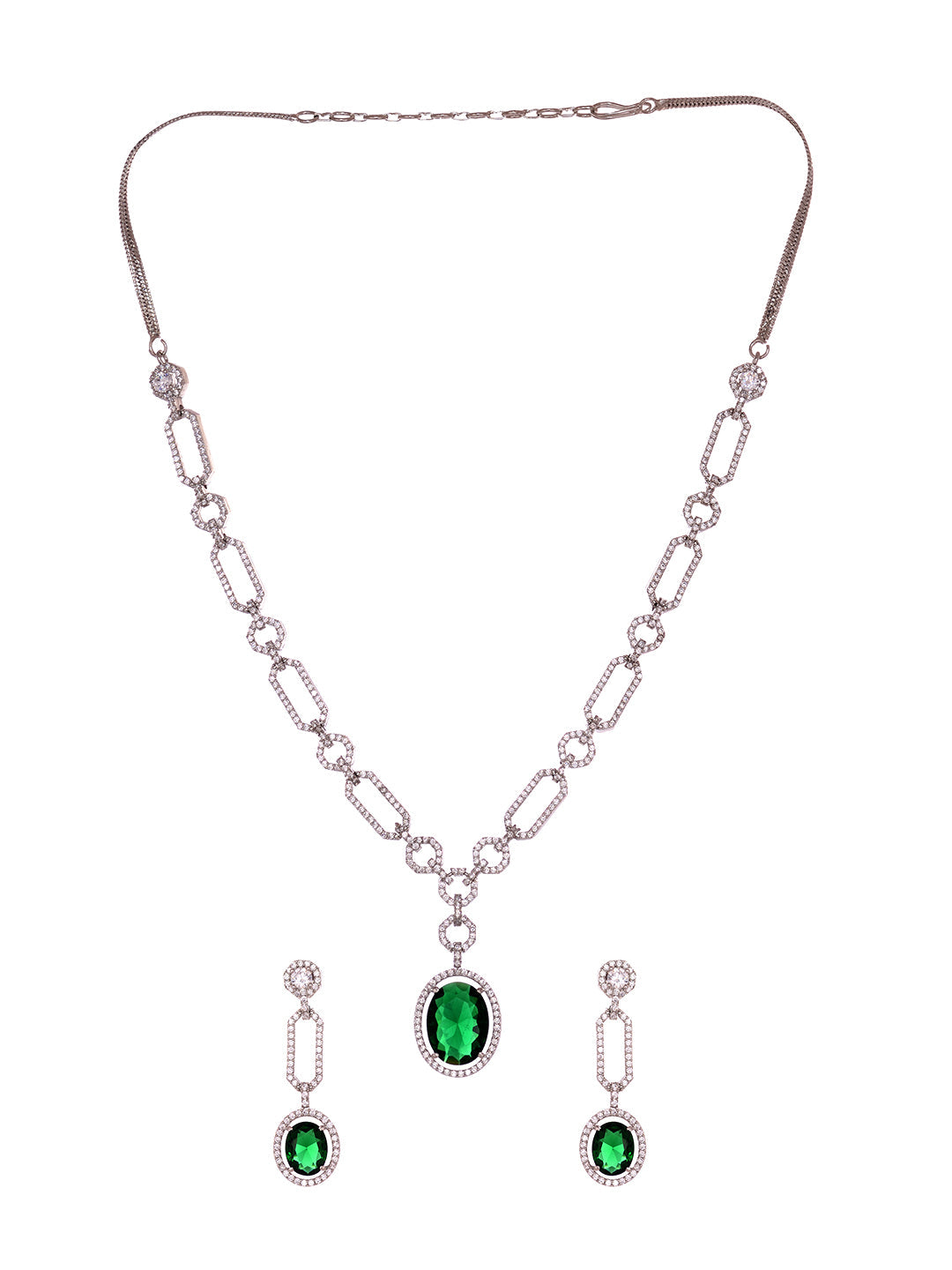 Silver Plated Green AD Studded Statement Link Necklace Jewellery Set, zaveri pearls, sale price rs, sale price, sale gold plated, sale gold, sale, rubans, ring, regular price, priyassi jewell