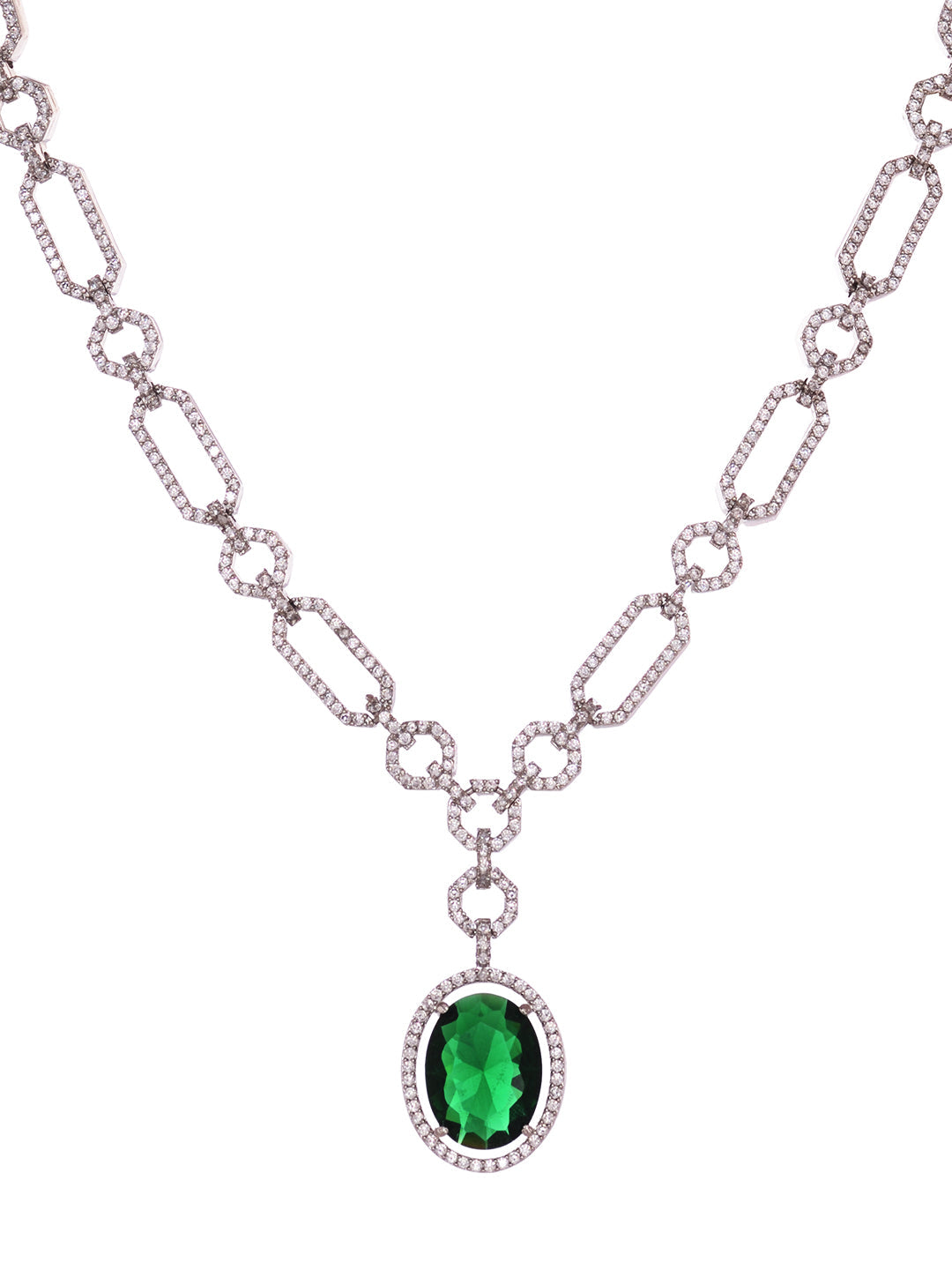 Silver Plated Green AD Studded Statement Link Necklace Jewellery Set, zaveri pearls, sale price rs, sale price, sale gold plated, sale gold, sale, rubans, ring, regular price, priyassi jewell