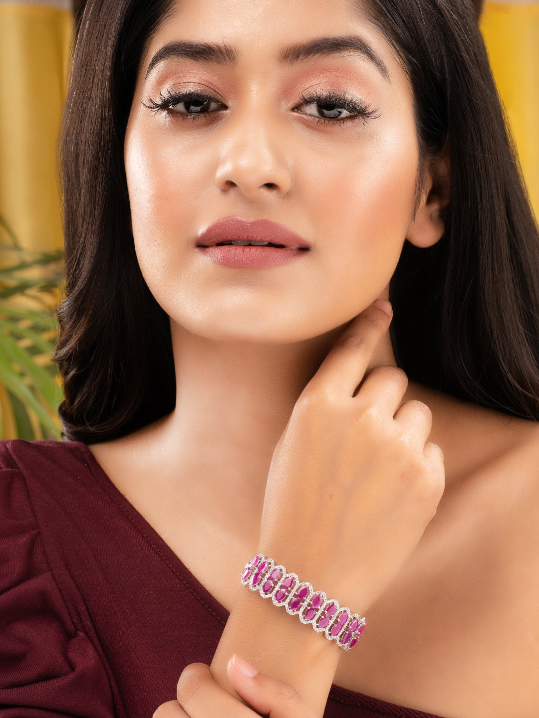 Silver Plated Fuschia Studded Statement Kada Bracelet, zaveri pearls, sale price rs, sale price, sale gold plated, sale gold, sale, rubans, ring, regular price, priyassi jewellery, kushal's -