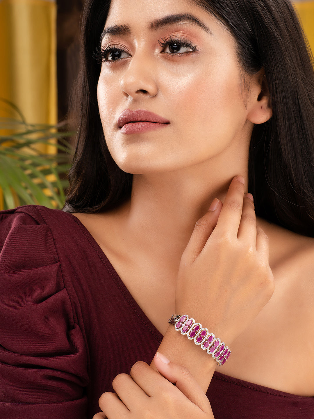 Silver Plated Fuschia Studded Statement Kada Bracelet, zaveri pearls, sale price rs, sale price, sale gold plated, sale gold, sale, rubans, ring, regular price, priyassi jewellery, kushal's -