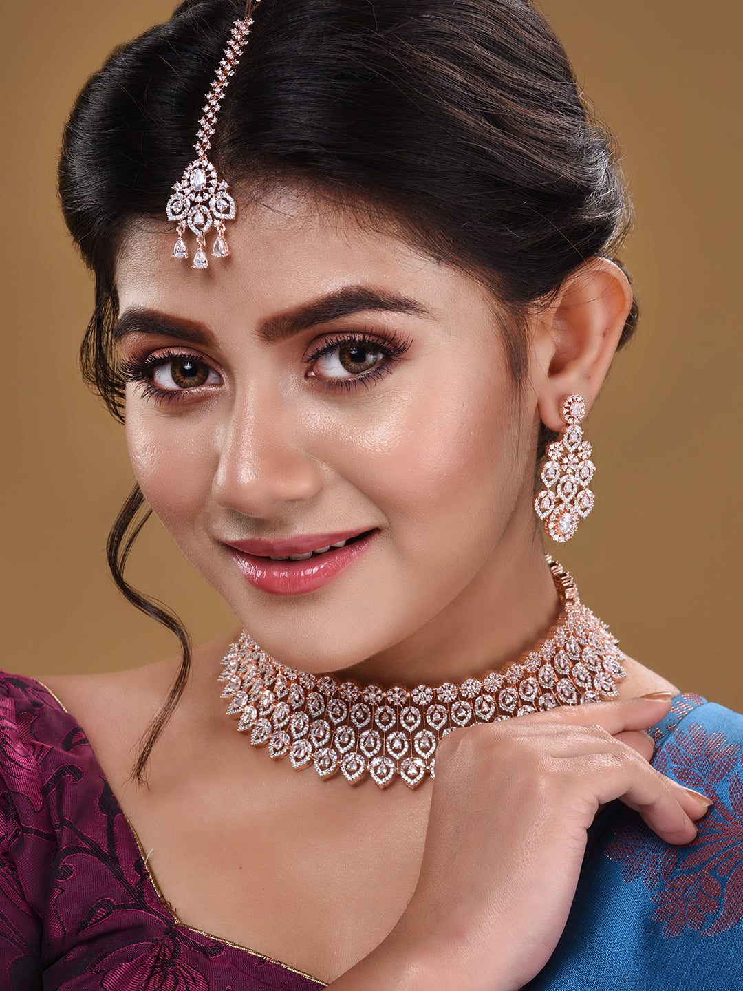 Rose Gold Plated White AD Choker mang Tika jewellery Set, zaveri pearls, sale price rs, sale price, sale gold plated, sale gold, sale, rubans, ring, regular price, priyassi jewellery, kushal'