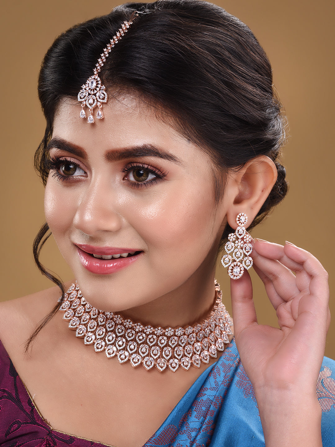 Rose Gold Plated White AD Choker mang Tika jewellery Set, zaveri pearls, sale price rs, sale price, sale gold plated, sale gold, sale, rubans, ring, regular price, priyassi jewellery, kushal'