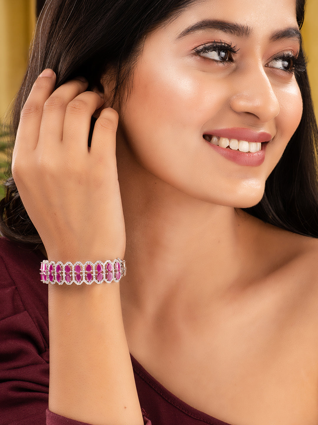 Silver Plated Fuschia Studded Statement Kada Bracelet, zaveri pearls, sale price rs, sale price, sale gold plated, sale gold, sale, rubans, ring, regular price, priyassi jewellery, kushal's -