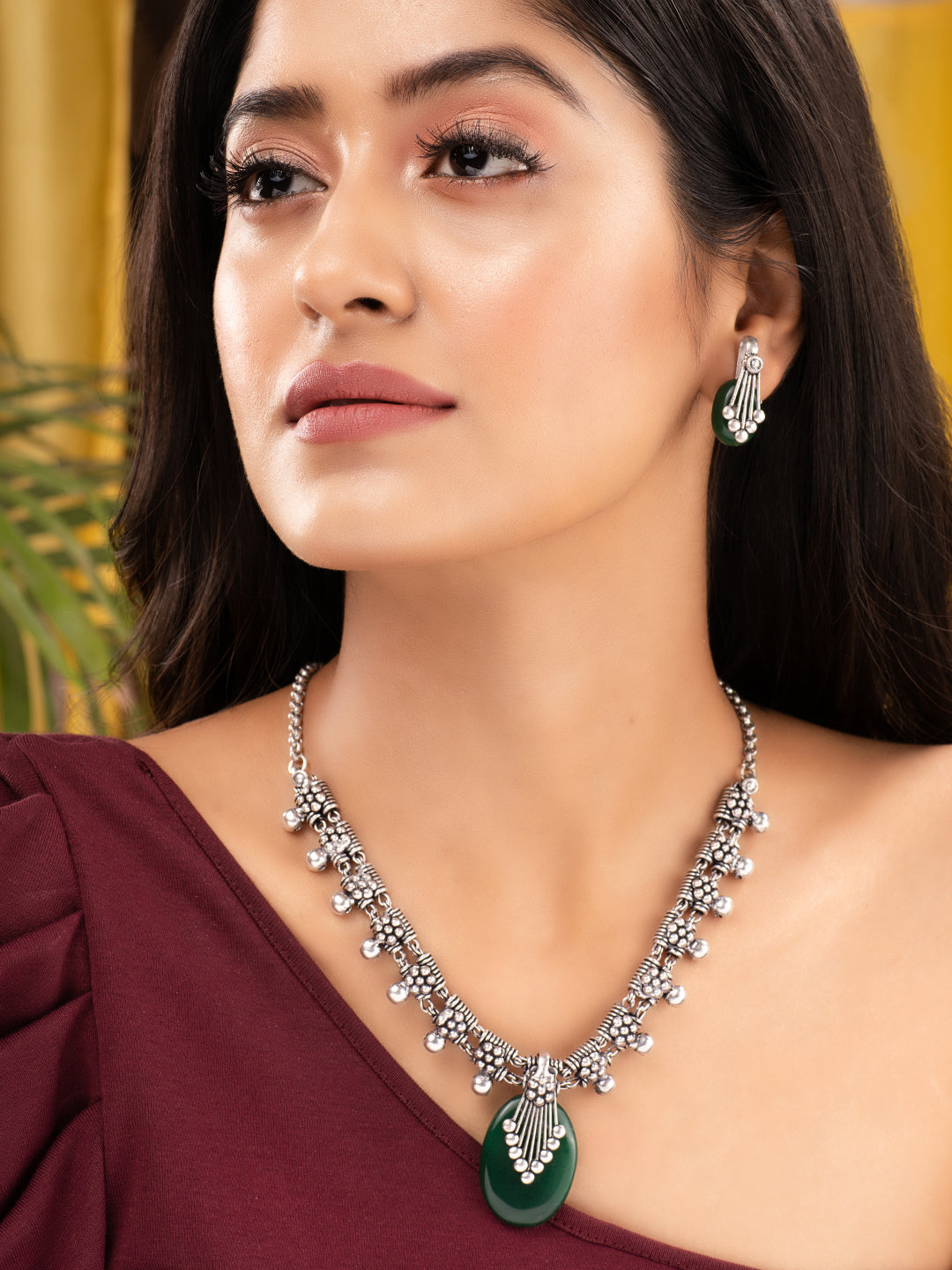 Oxidised Silver Plated Green stone studded Statement Necklace Jewellery Set, zaveri pearls, sale price rs, sale price, sale gold plated, sale gold, sale, rubans, ring, regular price, priyassi