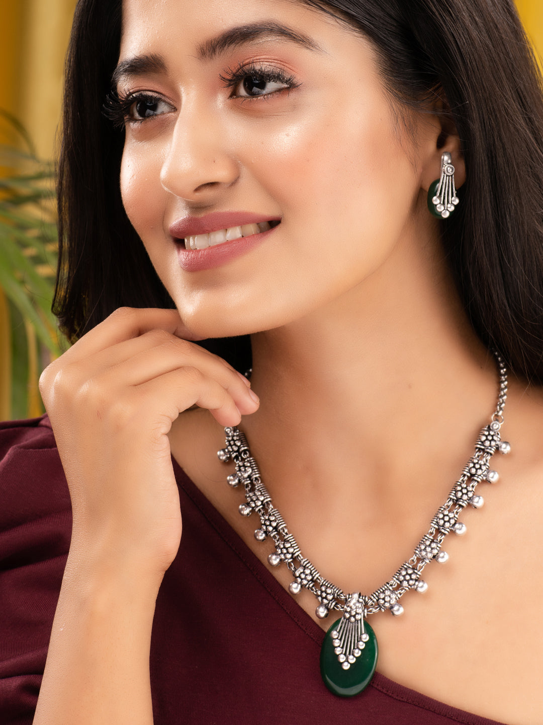 Oxidised Silver Plated Green stone studded Statement Necklace Jewellery Set, zaveri pearls, sale price rs, sale price, sale gold plated, sale gold, sale, rubans, ring, regular price, priyassi