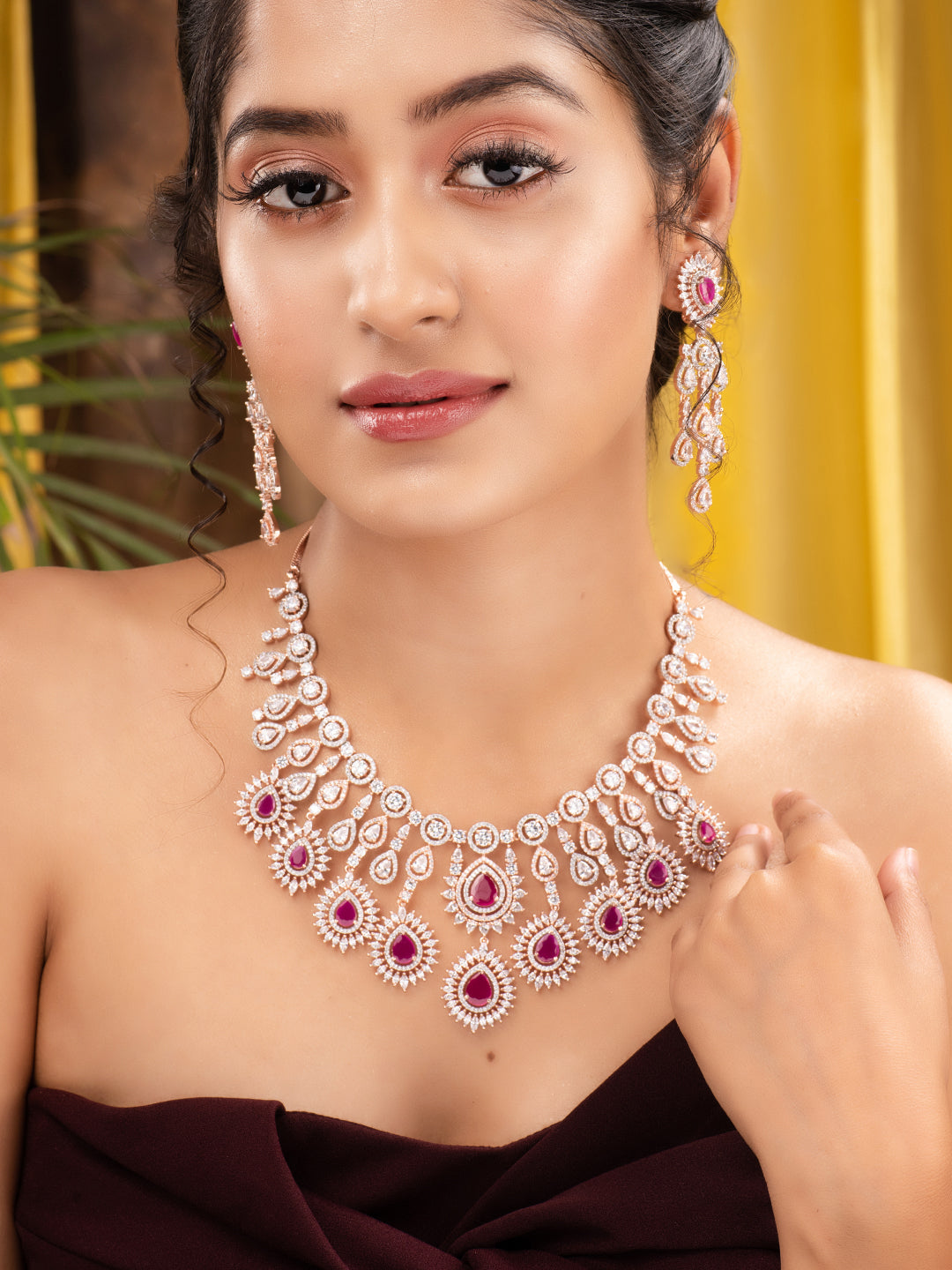 Rose Gold Toned Pink AD Studded Statement Necklace jewellery Set, zaveri pearls, sale price rs, sale price, sale gold plated, sale gold, sale, rubans, ring, regular price, priyassi jewellery,