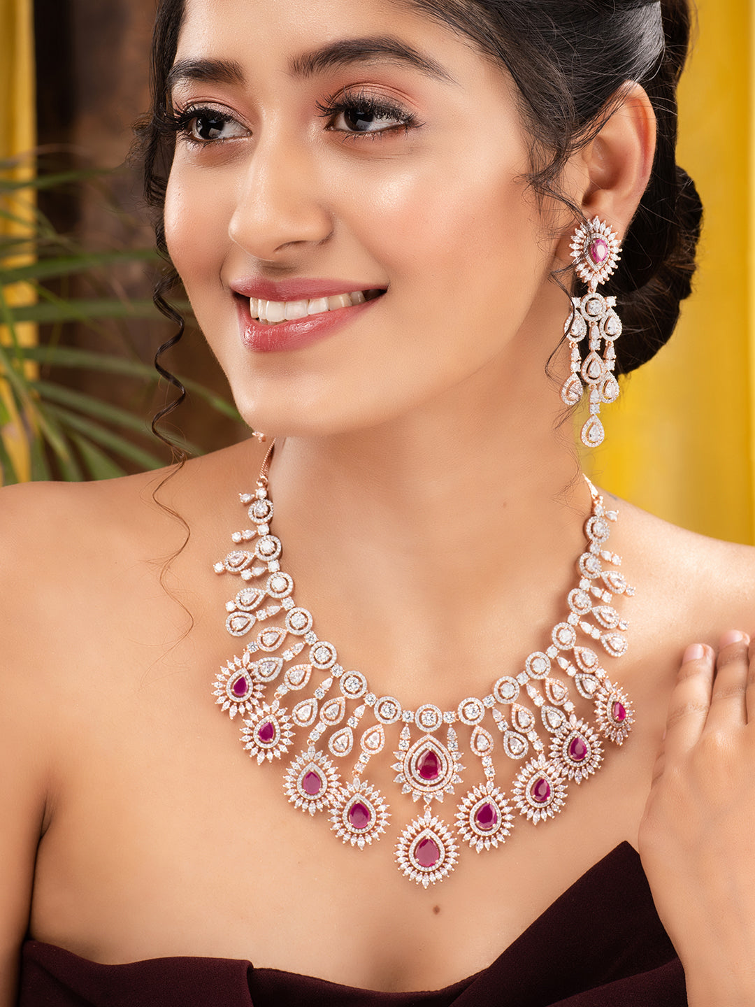 Rose Gold Toned Pink AD Studded Statement Necklace jewellery Set, zaveri pearls, sale price rs, sale price, sale gold plated, sale gold, sale, rubans, ring, regular price, priyassi jewellery,