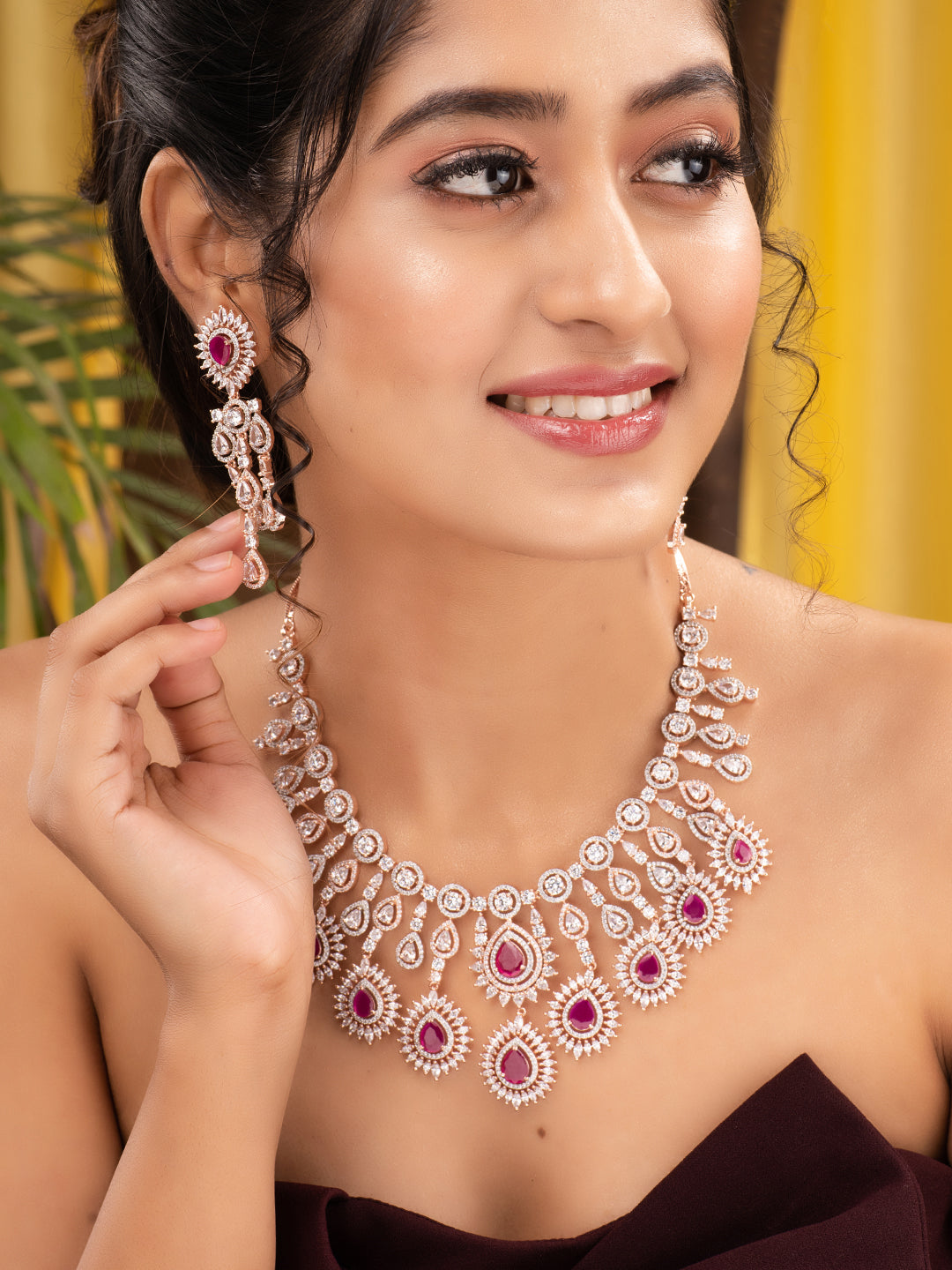 Rose Gold Toned Pink AD Studded Statement Necklace jewellery Set, zaveri pearls, sale price rs, sale price, sale gold plated, sale gold, sale, rubans, ring, regular price, priyassi jewellery,