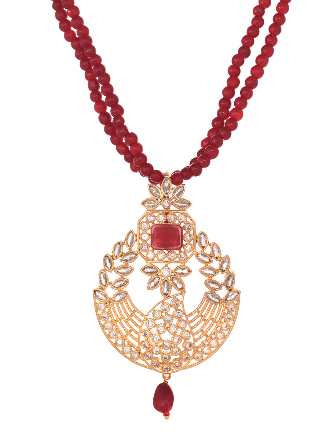Gold Plated Polki AD studded Red Beads Maala Necklace Set, zaveri pearls, sale price rs, sale price, sale gold plated, sale gold, sale, rubans, ring, regular price, priyassi jewellery, kushal