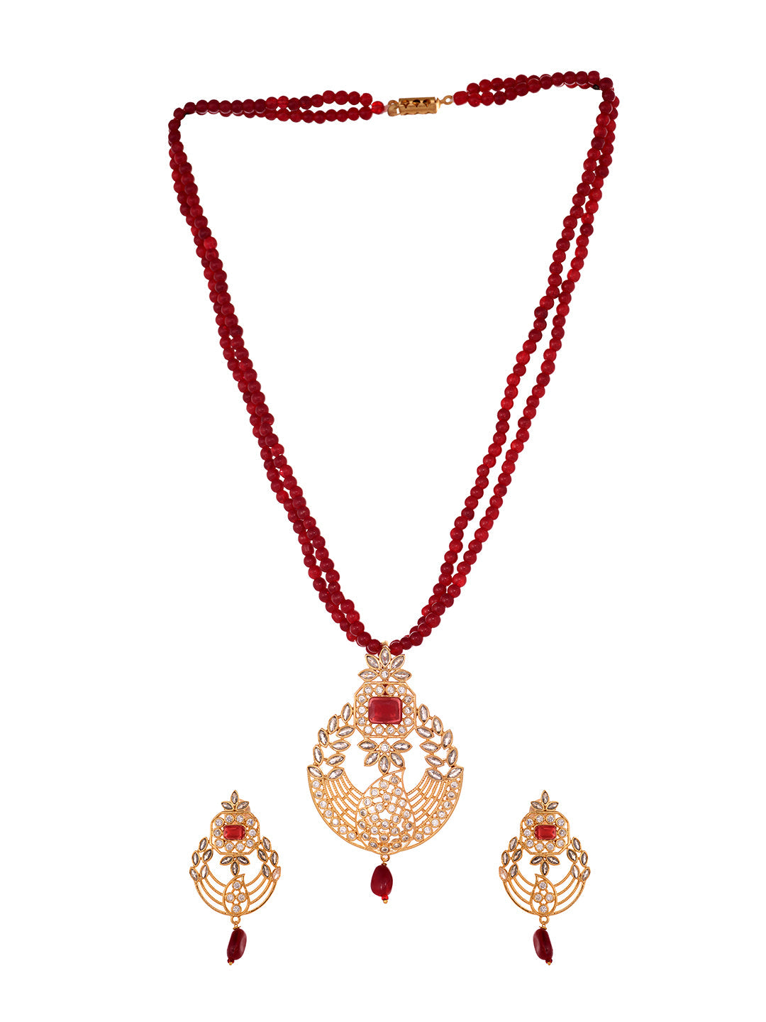 Gold Plated Polki AD studded Red Beads Maala Necklace Set, zaveri pearls, sale price rs, sale price, sale gold plated, sale gold, sale, rubans, ring, regular price, priyassi jewellery, kushal