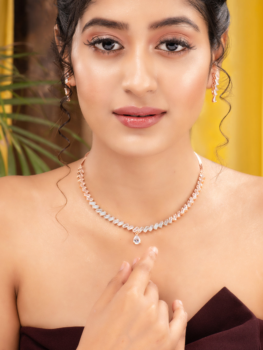 Rose Gold Plated AD Studded Zig Zag Minimal Necklace Jewellery Set, zaveri pearls, sale price rs, sale price, sale gold plated, sale gold, sale, rubans, ring, regular price, priyassi jeweller