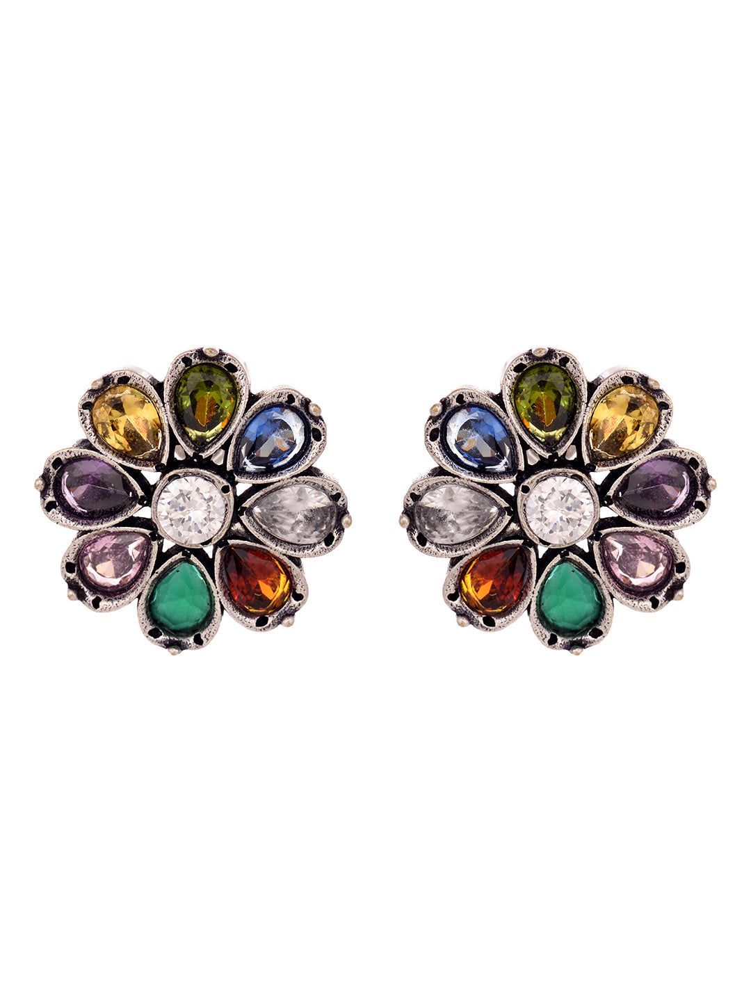 Silver Oxidised Navratan Minimal stud Earring, zaveri pearls, sale price rs, sale price, sale gold plated, sale gold, sale, rubans, ring, regular price, priyassi jewellery, kushal's - Saraf R