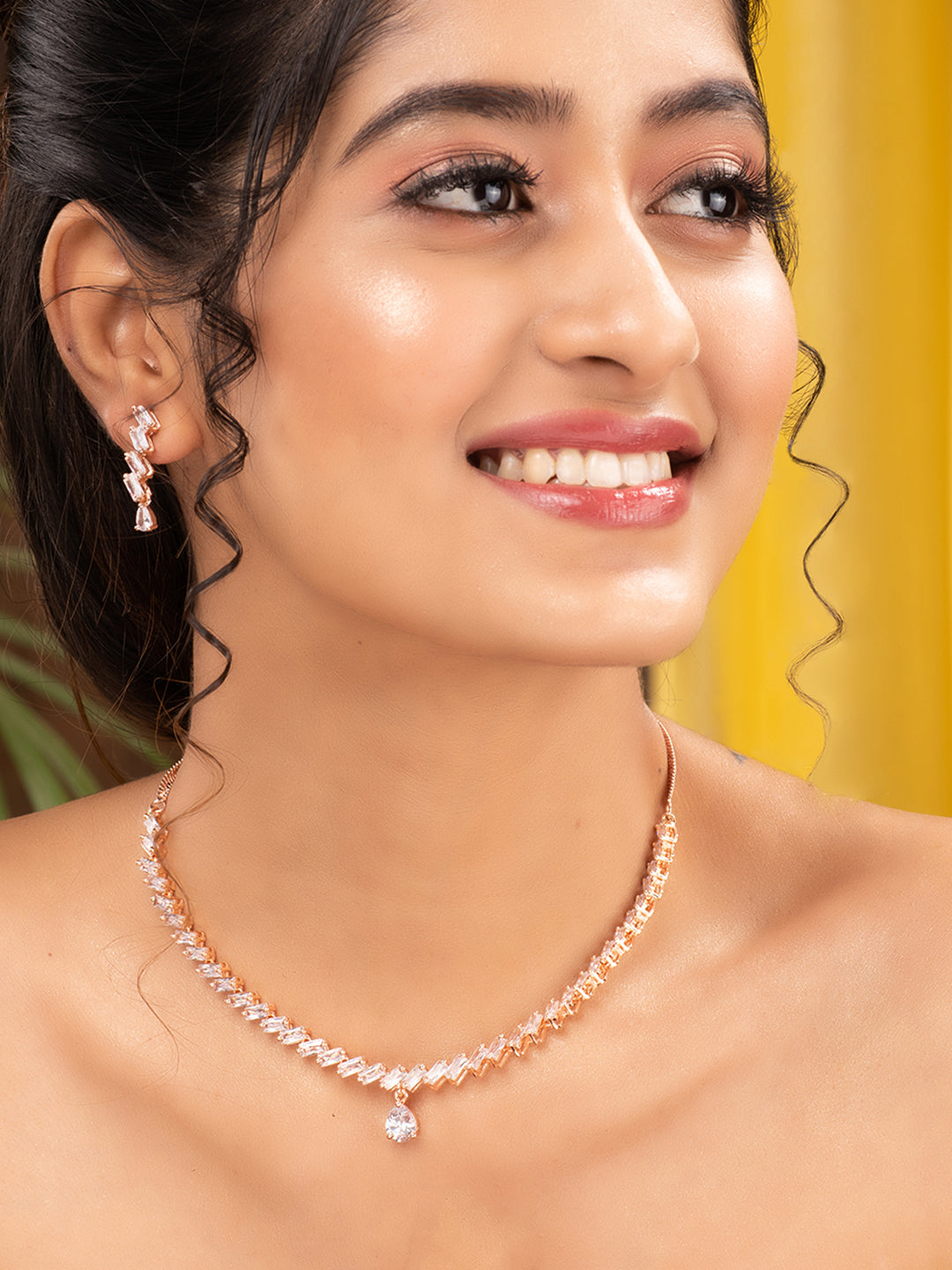 Rose Gold Plated AD Studded Zig Zag Minimal Necklace Jewellery Set, zaveri pearls, sale price rs, sale price, sale gold plated, sale gold, sale, rubans, ring, regular price, priyassi jeweller