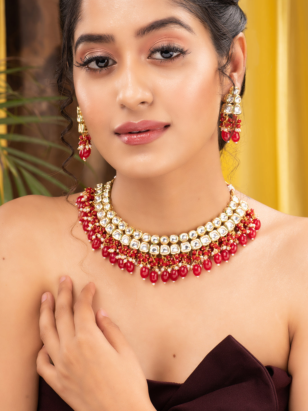 Gold Toned Kundan & Red Bead studded Handcrafted Jewellery Set, zaveri pearls, sale price rs, sale price, sale gold plated, sale gold, sale, rubans, ring, regular price, priyassi jewellery, k