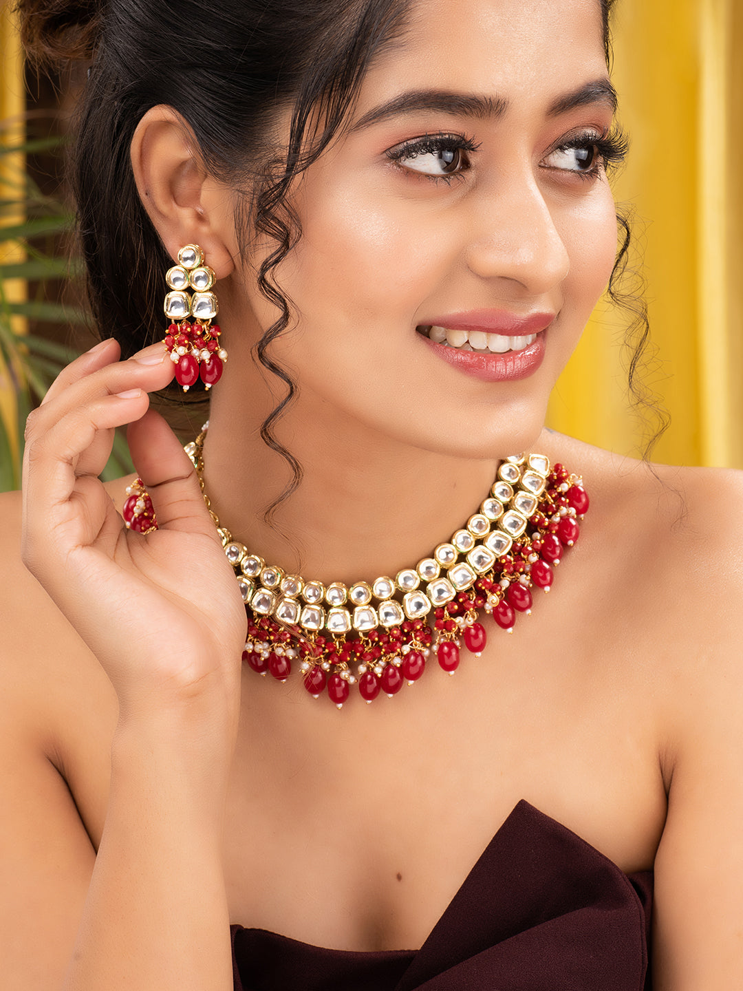 Gold Toned Kundan & Red Bead studded Handcrafted Jewellery Set, zaveri pearls, sale price rs, sale price, sale gold plated, sale gold, sale, rubans, ring, regular price, priyassi jewellery, k