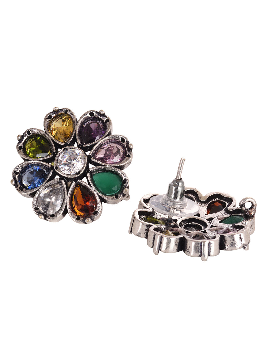 Silver Oxidised Navratan Minimal stud Earring, zaveri pearls, sale price rs, sale price, sale gold plated, sale gold, sale, rubans, ring, regular price, priyassi jewellery, kushal's - Saraf R