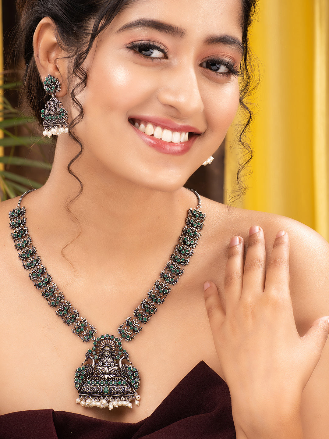 Oxidised Silver toned Green stone Studded Temple Necklace Jewellery Set, zaveri pearls, sale price rs, sale price, sale gold plated, sale gold, sale, rubans, ring, regular price, priyassi jew