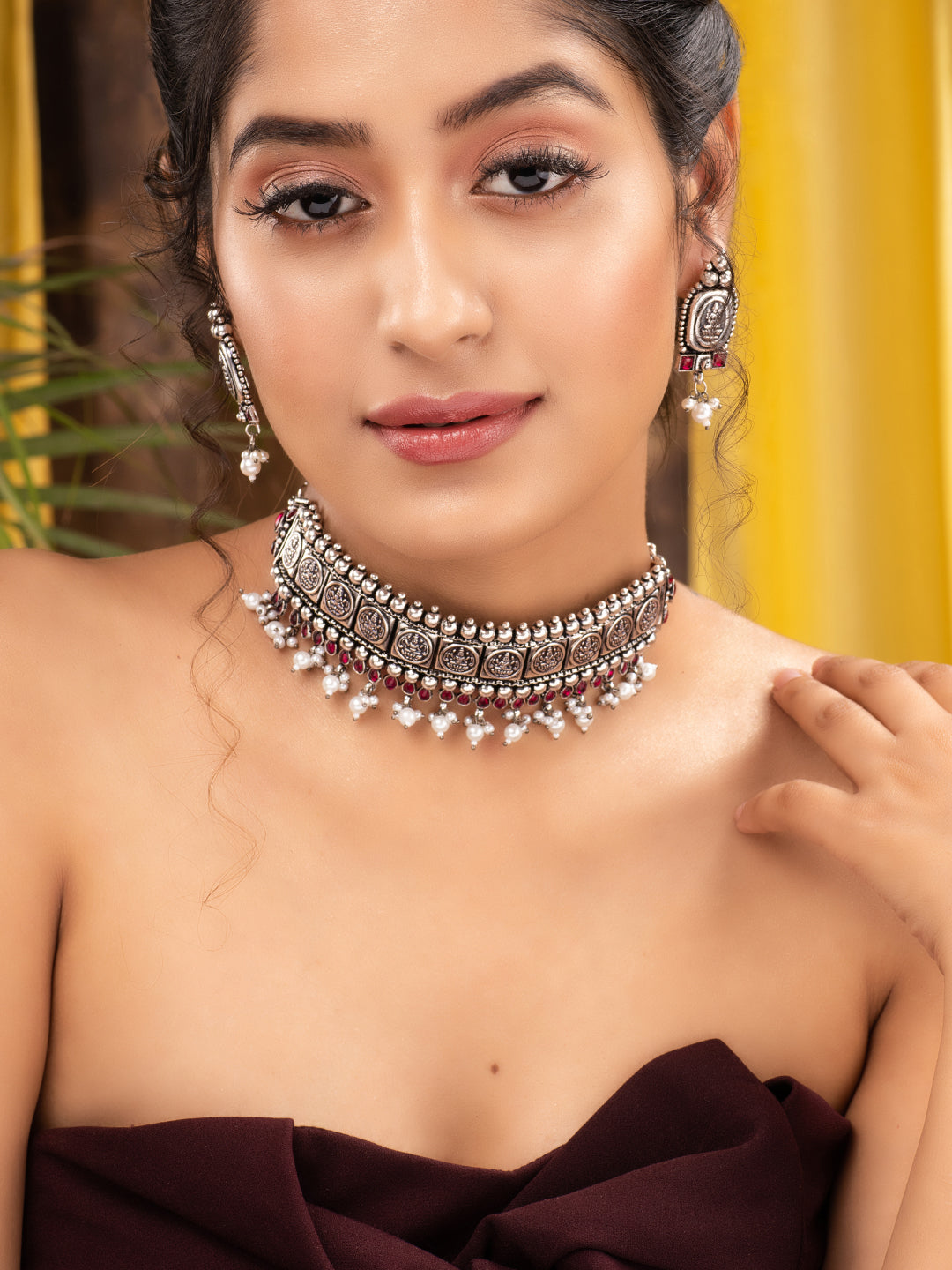 Oxidised Silver Plated Red stone studded Choker Necklace Jewellery Set, zaveri pearls, sale price rs, sale price, sale gold plated, sale gold, sale, rubans, ring, regular price, priyassi jewe