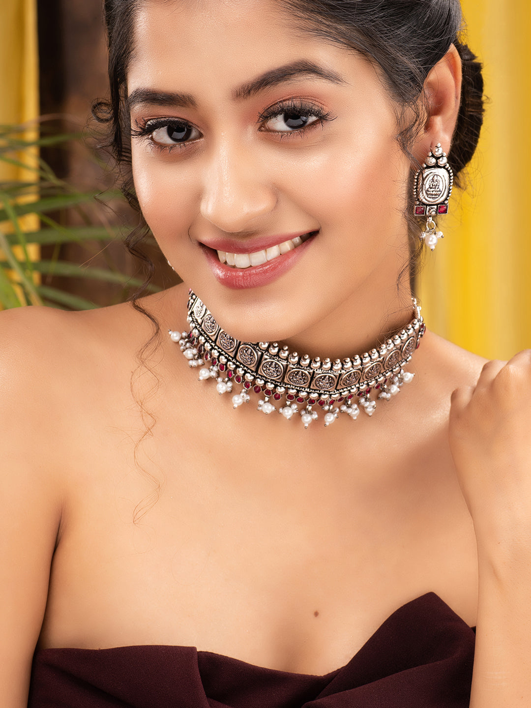 Oxidised Silver Plated Red stone studded Choker Necklace Jewellery Set, zaveri pearls, sale price rs, sale price, sale gold plated, sale gold, sale, rubans, ring, regular price, priyassi jewe