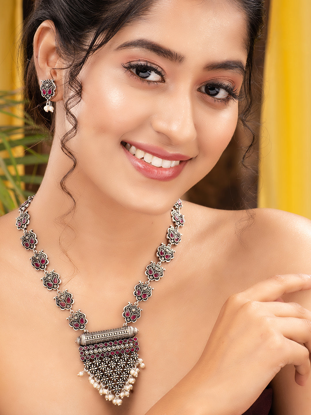 Oxidised Silver Plated Red stone Studded & Pearl Beaded Tribal Necklace Jewellery Set, zaveri pearls, sale price rs, sale price, sale gold plated, sale gold, sale, rubans, ring, regular price