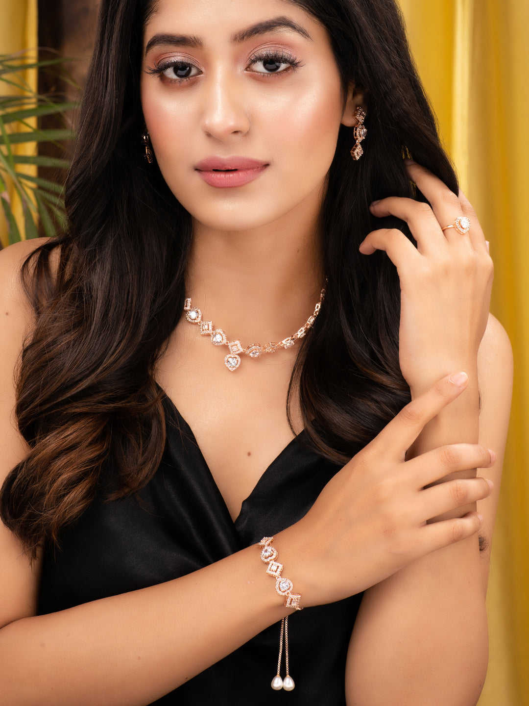 Rose gold Toned AD Studded Minimal Necklace Jewellery Set Combo Wraparound Bracelet, zaveri pearls, sale price rs, sale price, sale gold plated, sale gold, sale, rubans, ring, regular price, 