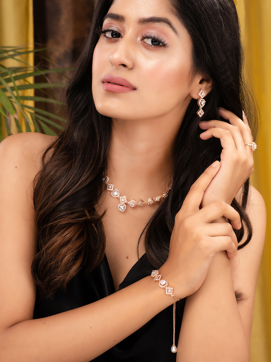 Rose gold Toned AD Studded Minimal Necklace Jewellery Set Combo Wraparound Bracelet, zaveri pearls, sale price rs, sale price, sale gold plated, sale gold, sale, rubans, ring, regular price, 