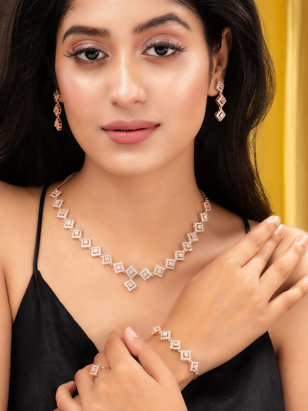 Rose Gold Plated AD Studded Square Shaped Jewellery Set Combo Ring & Bracelet, zaveri pearls, sale price rs, sale price, sale gold plated, sale gold, sale, rubans, ring, regular price, priyas