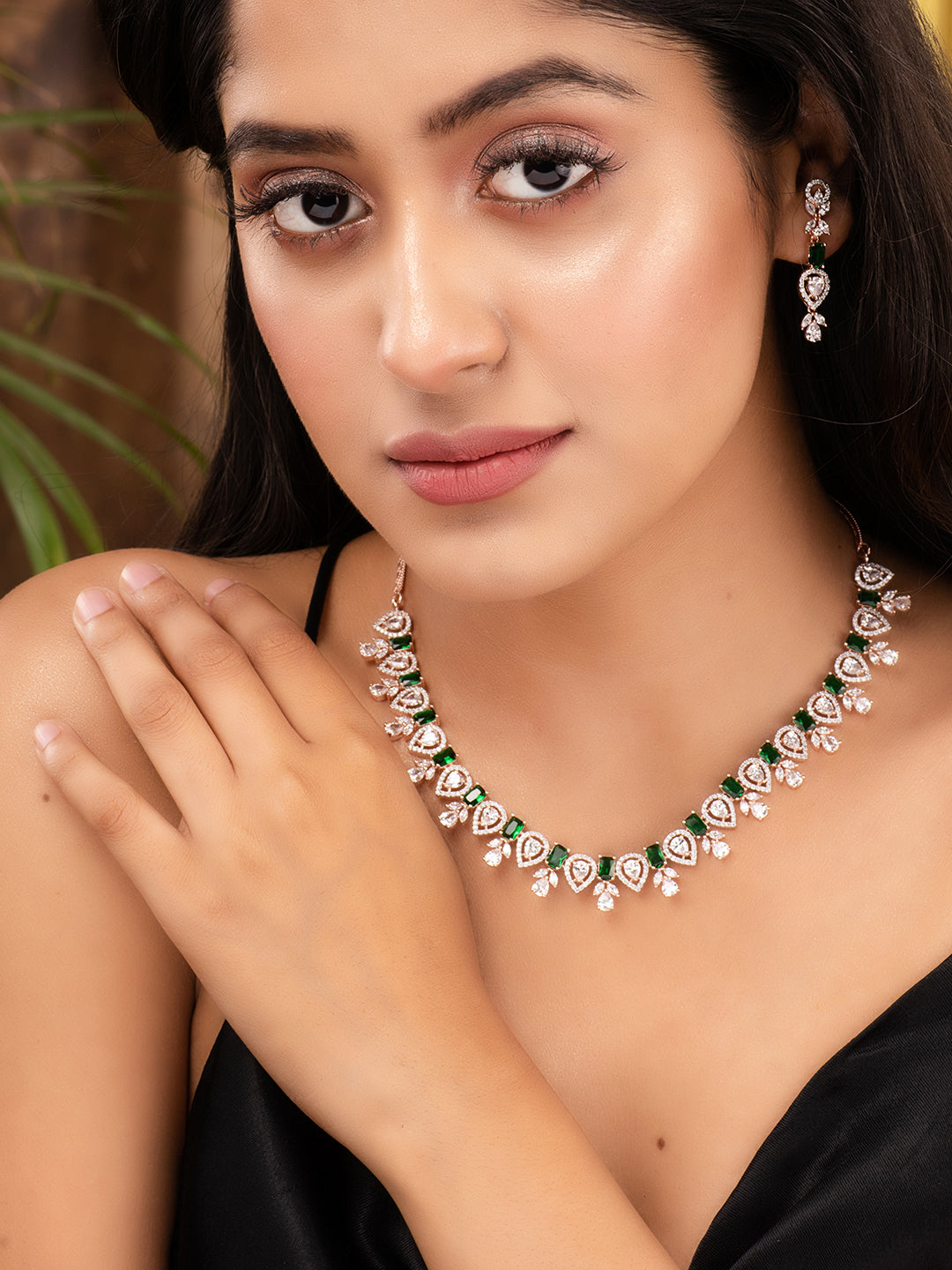 Rose Gold Plated Green AD Studded Floral Necklace Jewellery Set, zaveri pearls, sale price rs, sale price, sale gold plated, sale gold, sale, rubans, ring, regular price, priyassi jewellery, 