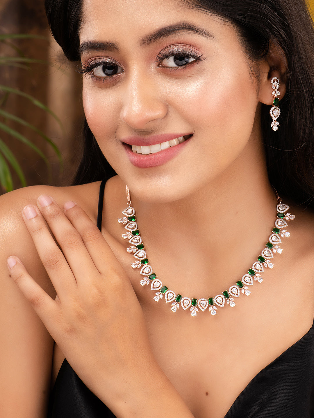 Rose Gold Plated Green AD Studded Floral Necklace Jewellery Set, zaveri pearls, sale price rs, sale price, sale gold plated, sale gold, sale, rubans, ring, regular price, priyassi jewellery, 