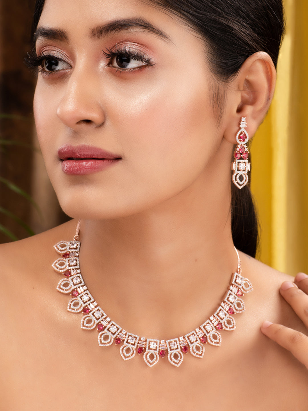 Rose Gold Toned Red AD Studded Necklace Jewellery Set, zaveri pearls, sale price rs, sale price, sale gold plated, sale gold, sale, rubans, ring, regular price, priyassi jewellery, kushal's -