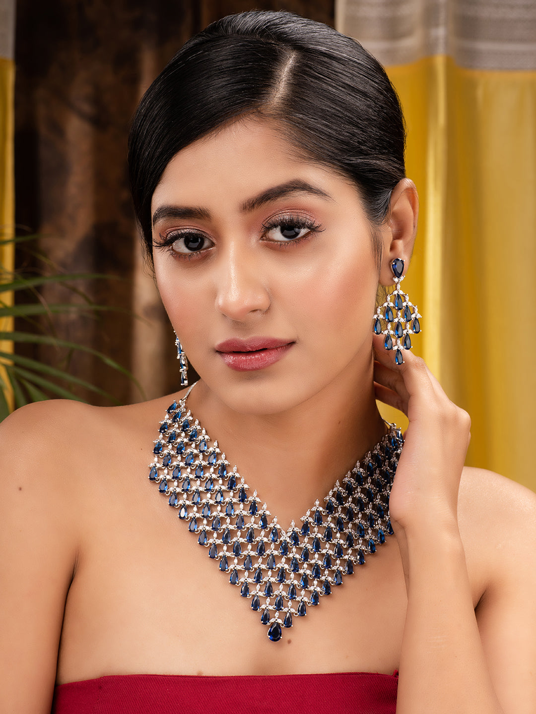 Silver Plated Blue Sapphire AD Studded Statement Necklace Jewellery set, zaveri pearls, sale price rs, sale price, sale gold plated, sale gold, sale, rubans, ring, regular price, priyassi jew