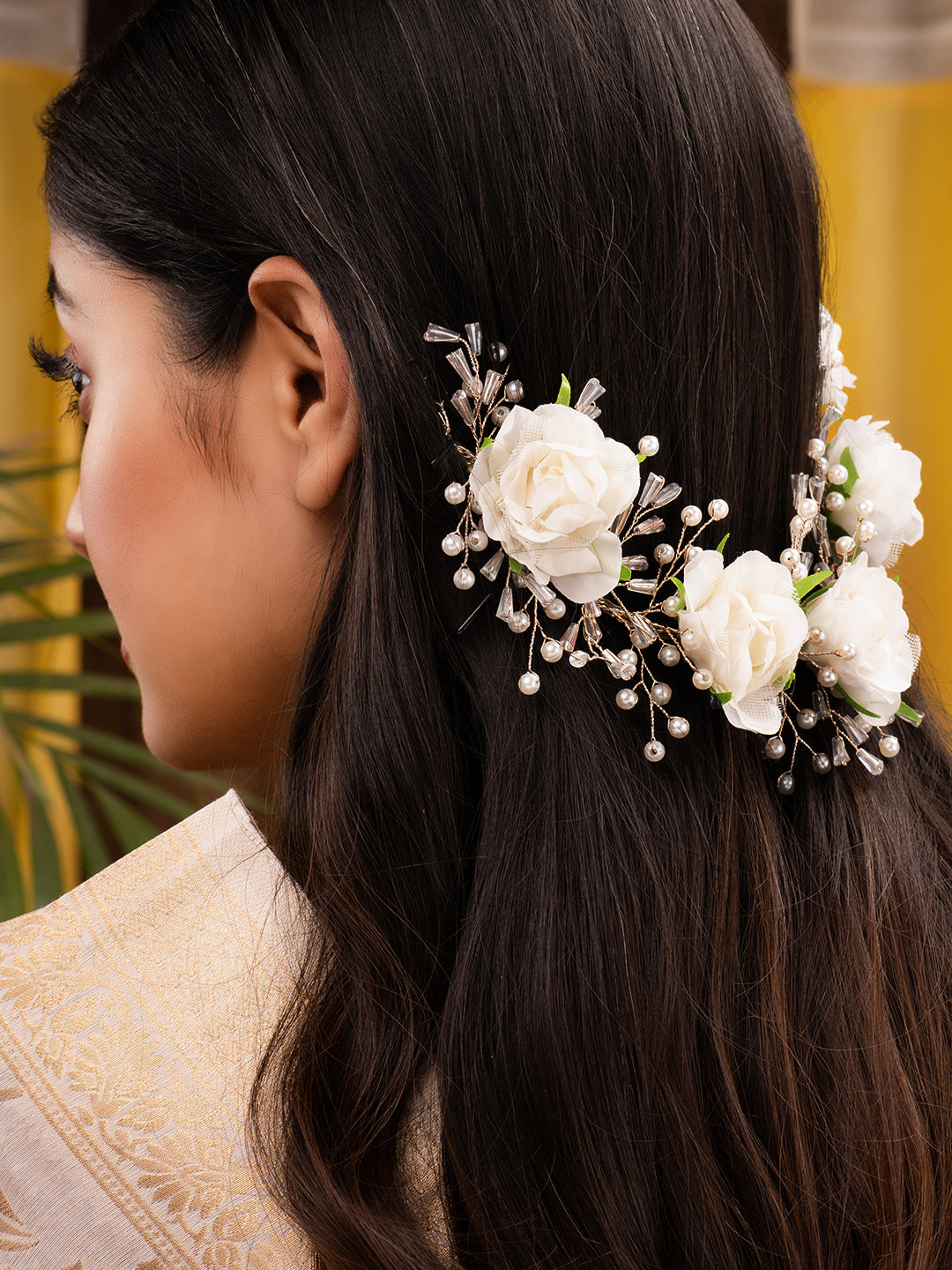White Rose Pearl Beaded Designer Hair Accessory, zaveri pearls, sale price rs, sale price, sale gold plated, sale gold, sale, rubans, ring, regular price, priyassi jewellery, kushal's - Saraf