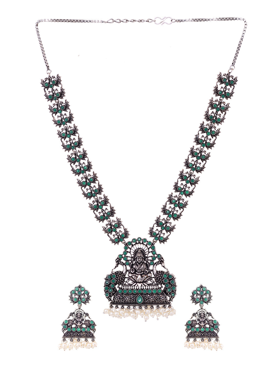 Oxidised Silver toned Green stone Studded Temple Necklace Jewellery Set, zaveri pearls, sale price rs, sale price, sale gold plated, sale gold, sale, rubans, ring, regular price, priyassi jew
