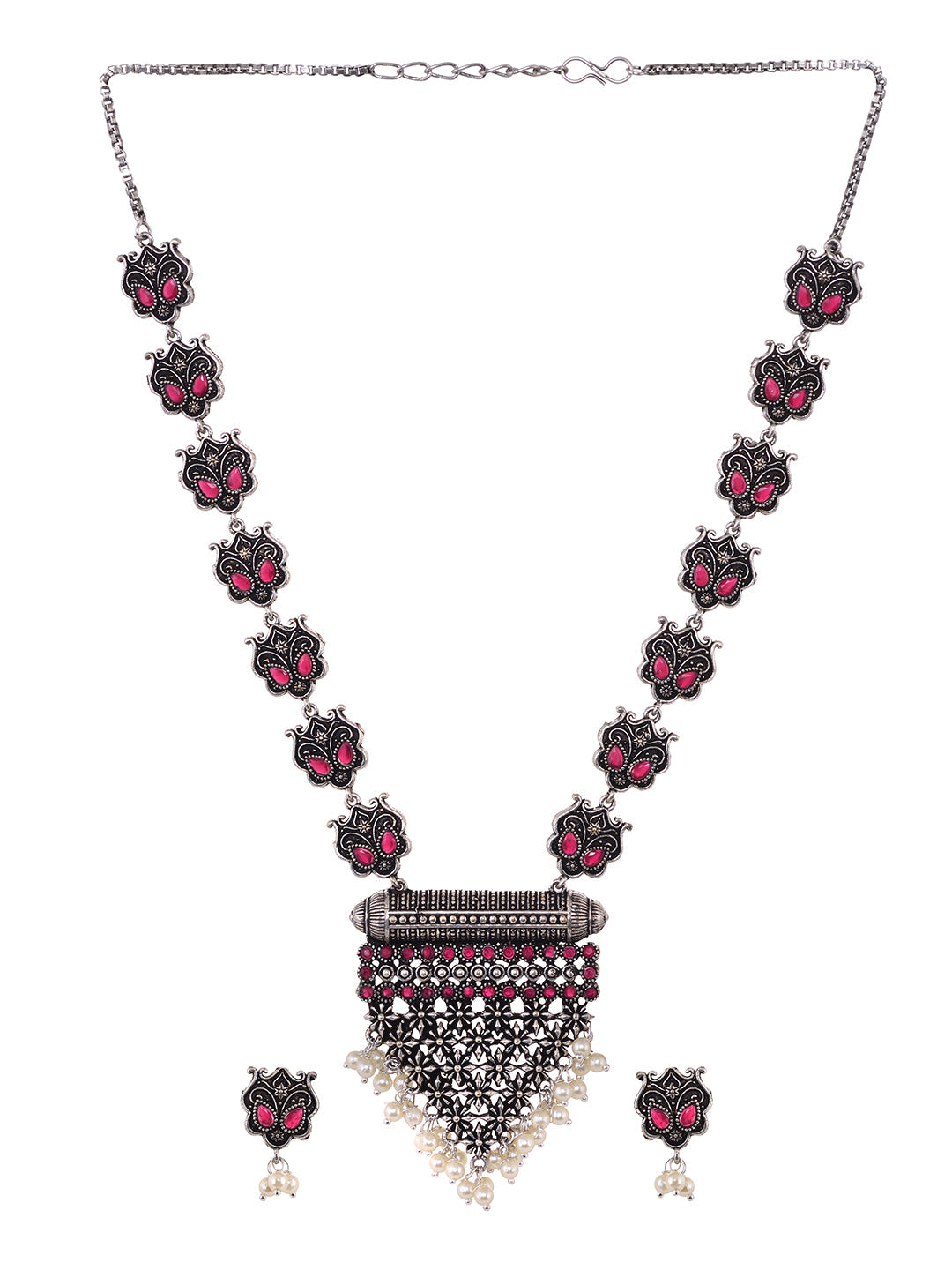 Oxidised Silver Plated Red stone Studded & Pearl Beaded Tribal Necklace Jewellery Set, zaveri pearls, sale price rs, sale price, sale gold plated, sale gold, sale, rubans, ring, regular price