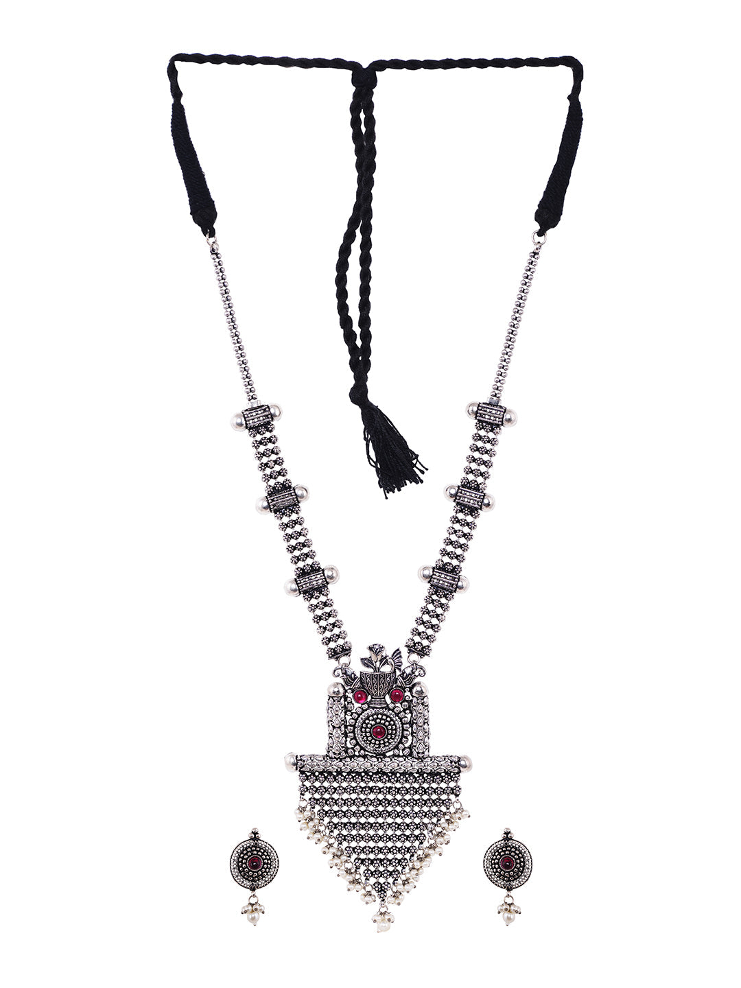 Oxidised Silver Toned Red Stone Studded & Beaded Designer Necklace Jewellery Set, zaveri pearls, sale price rs, sale price, sale gold plated, sale gold, sale, rubans, ring, regular price, pri