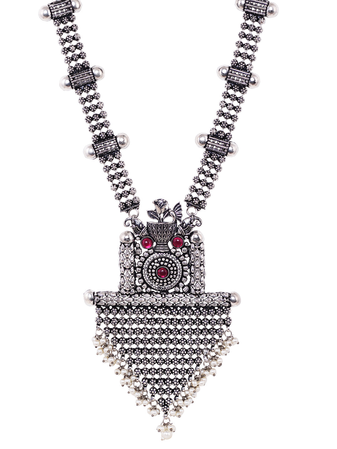 Oxidised Silver Toned Red Stone Studded & Beaded Designer Necklace Jewellery Set, zaveri pearls, sale price rs, sale price, sale gold plated, sale gold, sale, rubans, ring, regular price, pri