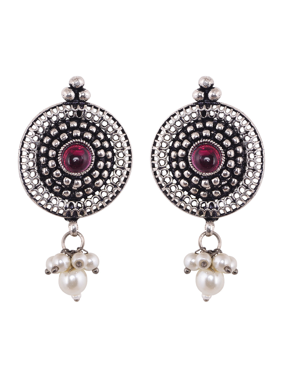 Oxidised Silver Toned Red Stone Studded & Beaded Designer Necklace Jewellery Set, zaveri pearls, sale price rs, sale price, sale gold plated, sale gold, sale, rubans, ring, regular price, pri