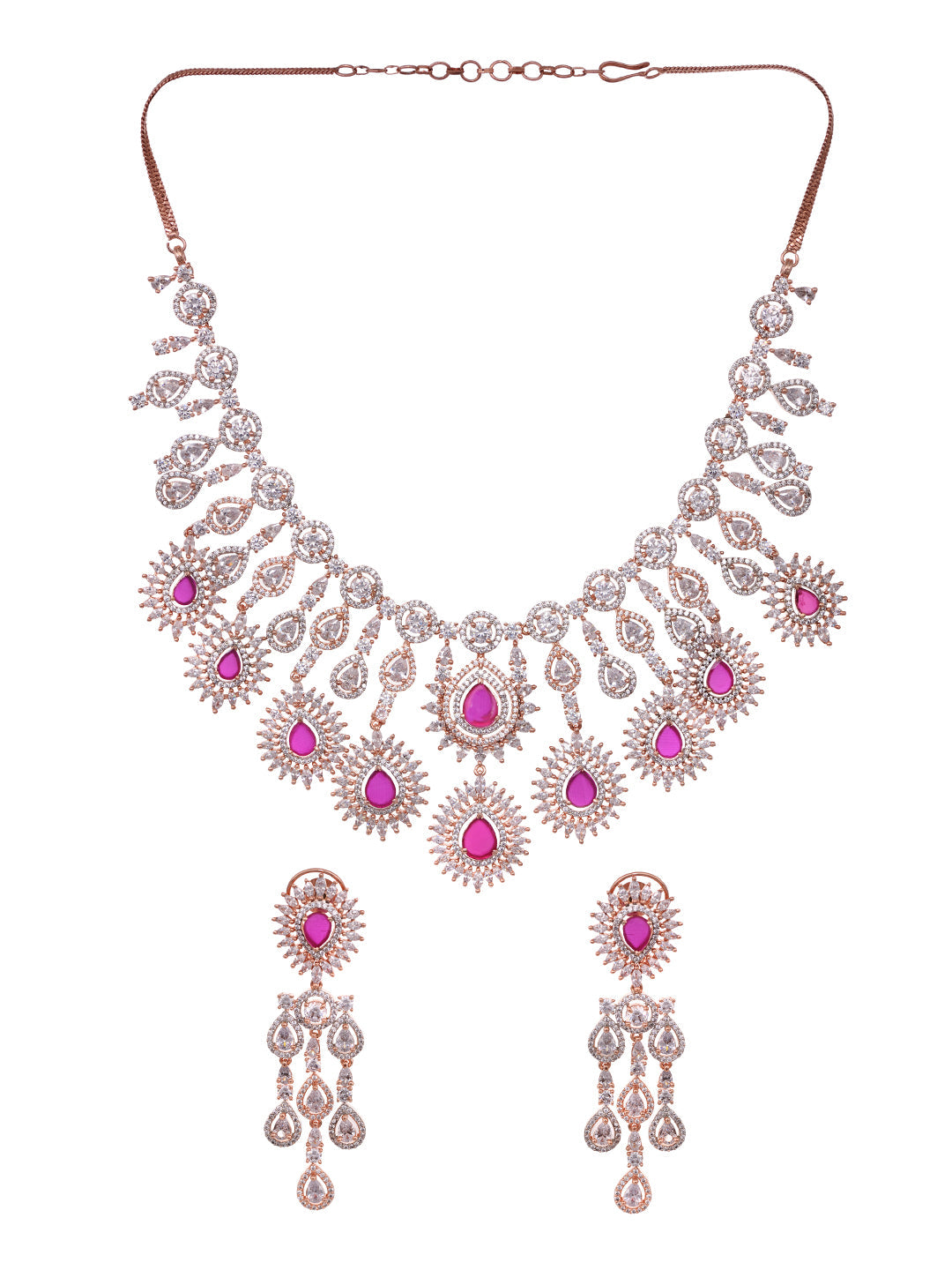 Rose Gold Toned Pink AD Studded Statement Necklace jewellery Set, zaveri pearls, sale price rs, sale price, sale gold plated, sale gold, sale, rubans, ring, regular price, priyassi jewellery,