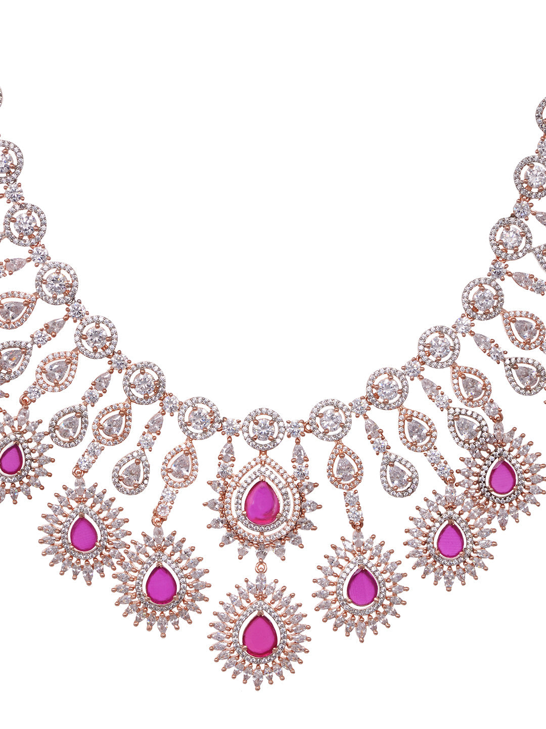 Rose Gold Toned Pink AD Studded Statement Necklace jewellery Set, zaveri pearls, sale price rs, sale price, sale gold plated, sale gold, sale, rubans, ring, regular price, priyassi jewellery,