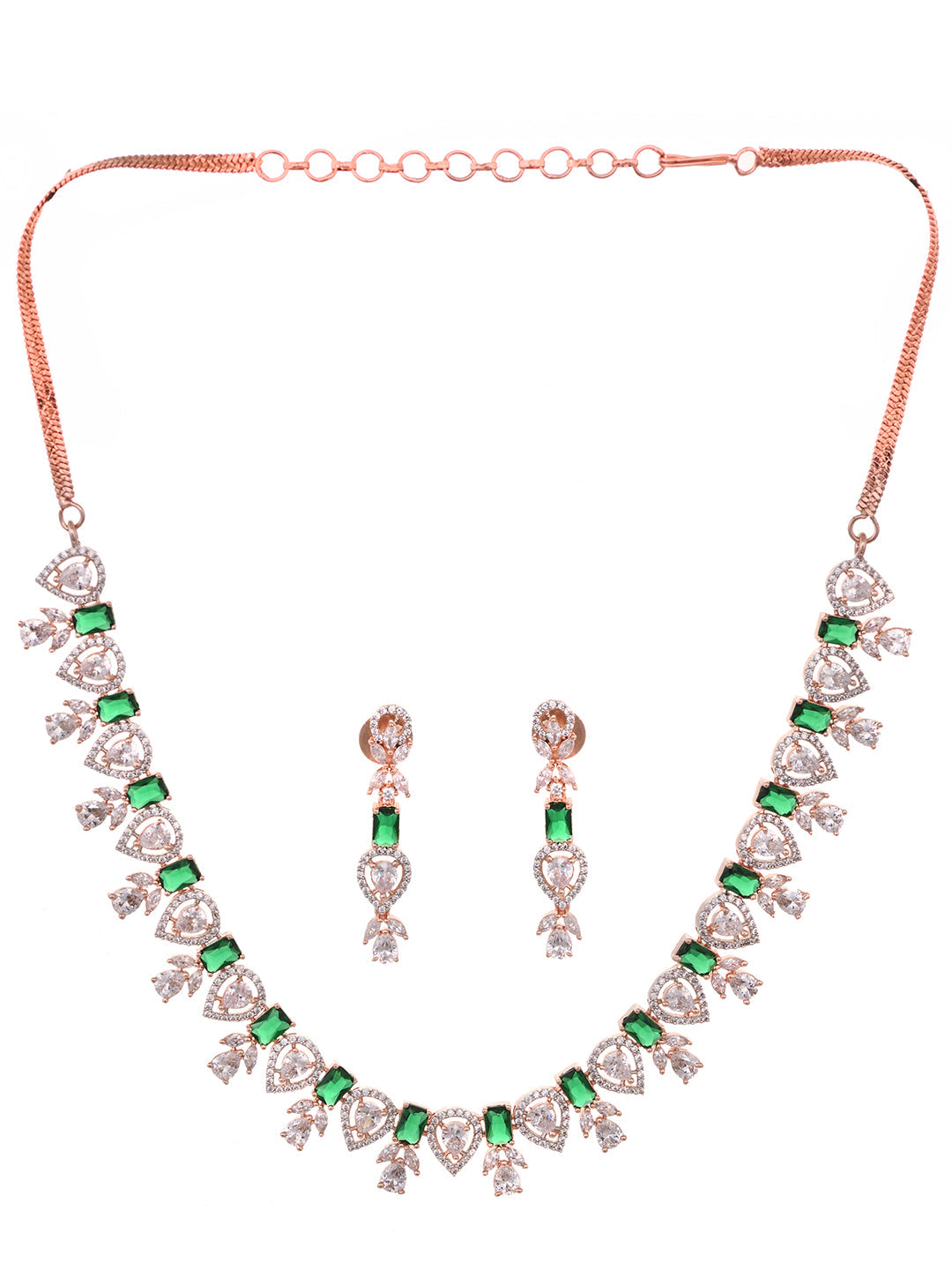 Rose Gold Plated Green AD Studded Floral Necklace Jewellery Set, zaveri pearls, sale price rs, sale price, sale gold plated, sale gold, sale, rubans, ring, regular price, priyassi jewellery, 