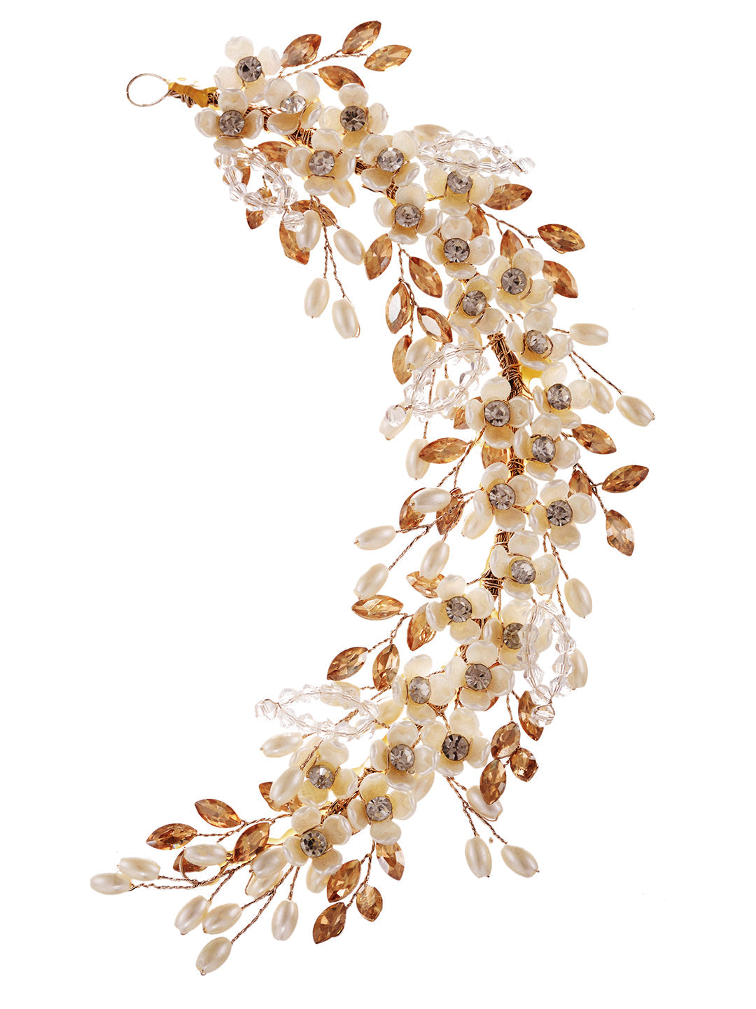 Gold Toned Off White Floral Pearl Embellished Hair Styling Tiara, zaveri pearls, sale price rs, sale price, sale gold plated, sale gold, sale, rubans, ring, regular price, priyassi jewellery,
