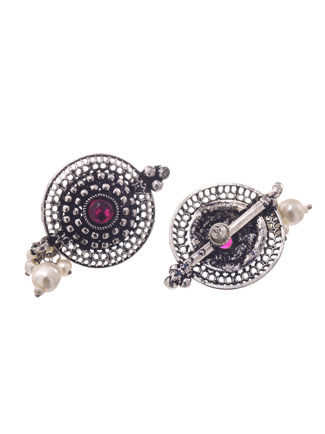 Oxidised Silver Toned Red Stone Studded & Beaded Designer Necklace Jewellery Set, zaveri pearls, sale price rs, sale price, sale gold plated, sale gold, sale, rubans, ring, regular price, pri