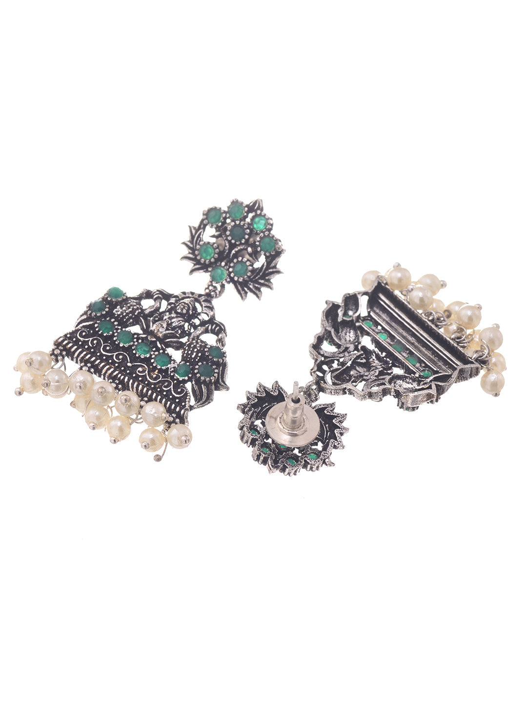 Oxidised Silver toned Green stone Studded Temple Necklace Jewellery Set, zaveri pearls, sale price rs, sale price, sale gold plated, sale gold, sale, rubans, ring, regular price, priyassi jew