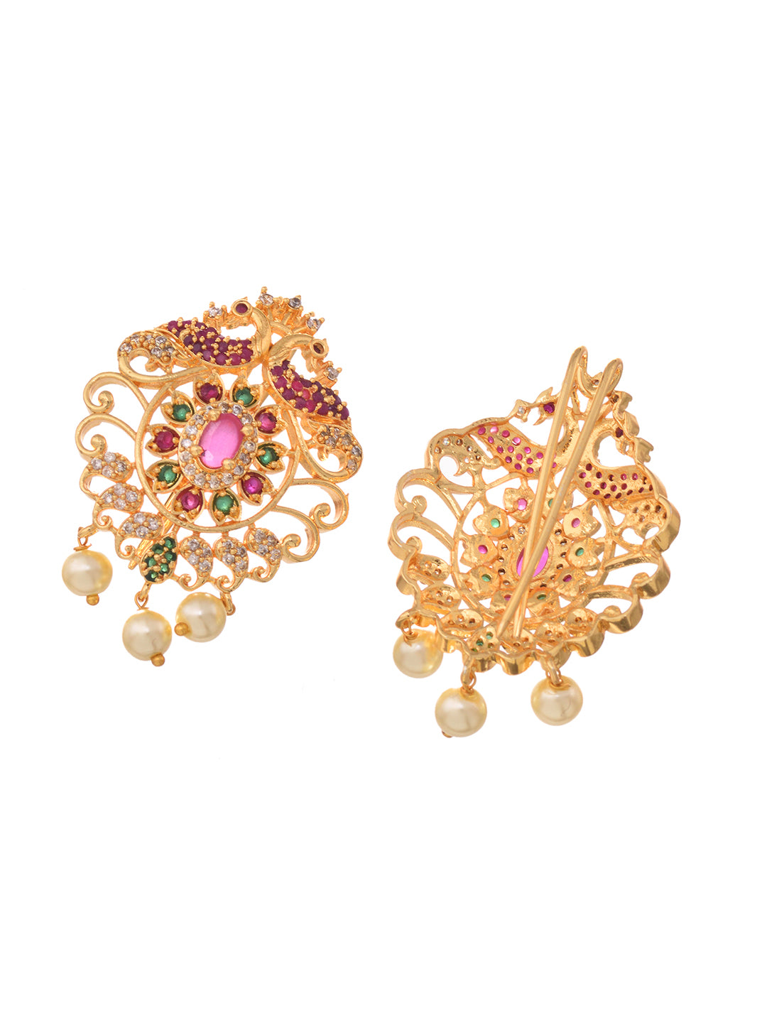 Set Of 9 Gold Toned Red AD Studded & Pearl Beads Choti Jadai, zaveri pearls, sale price rs, sale price, sale gold plated, sale gold, sale, rubans, ring, regular price, priyassi jewellery, kus